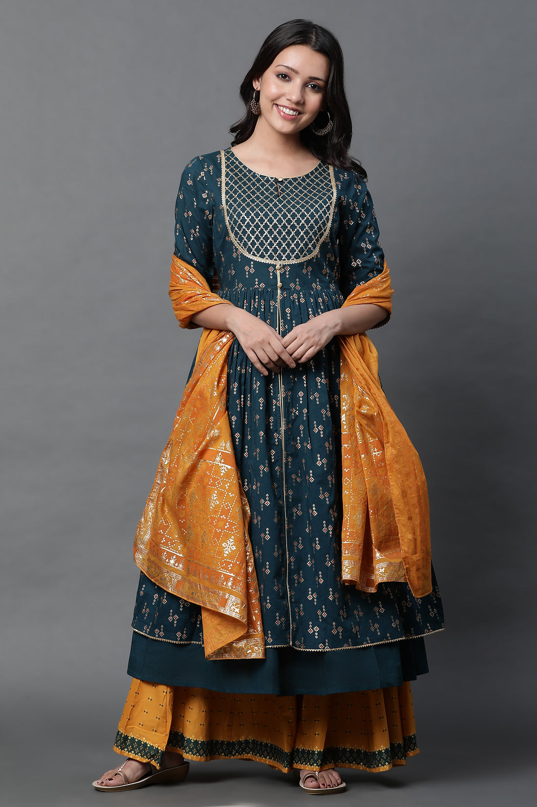 Yellow Floral Foil Printed Pure Cotton Dupatta