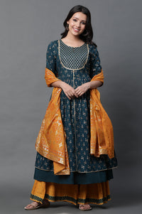 Yellow Floral Gold Printed Rectangular Woven Dupatta