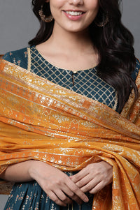 Yellow Floral Gold Printed Rectangular Woven Dupatta