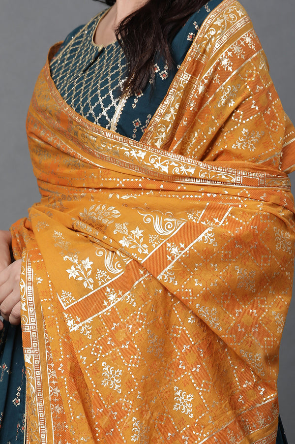 Yellow Floral Gold Printed Rectangular Woven Dupatta