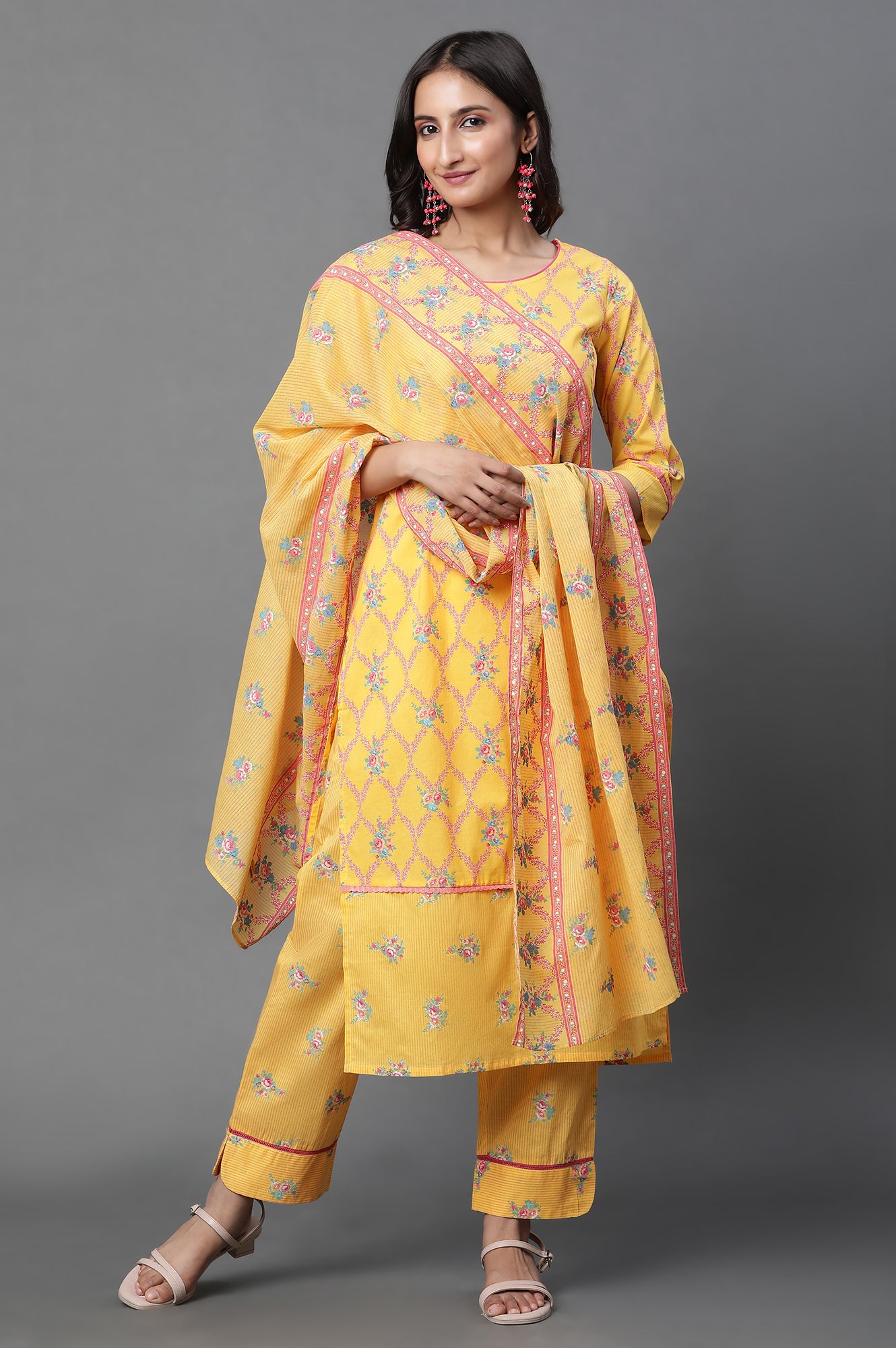 Yellow Floral Printed Cotton Dupatta