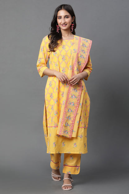 Yellow Floral Printed Cotton Dupatta