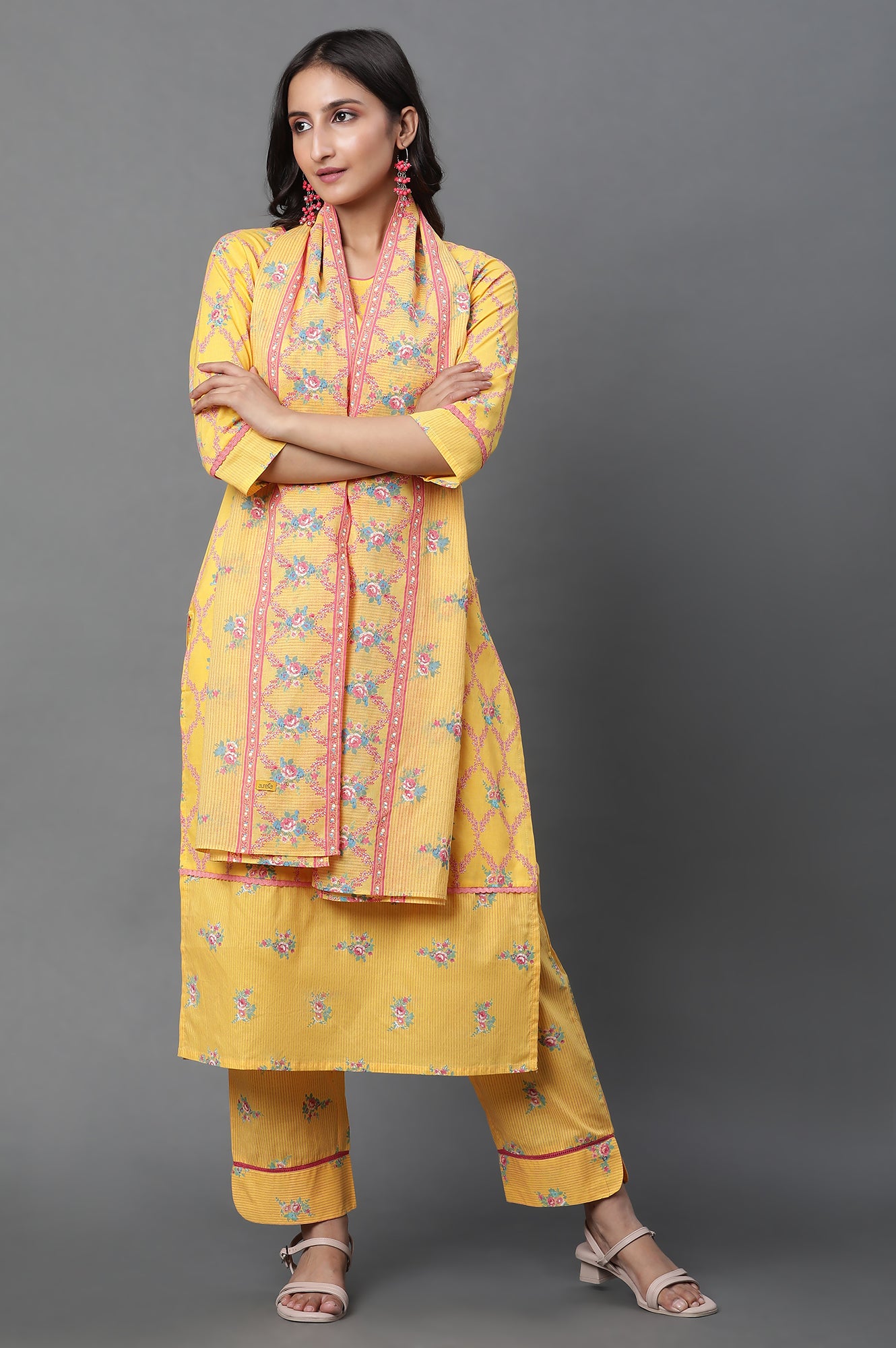 Yellow Floral Printed Cotton Dupatta