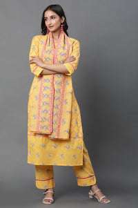 Yellow Floral Printed Cotton Dupatta