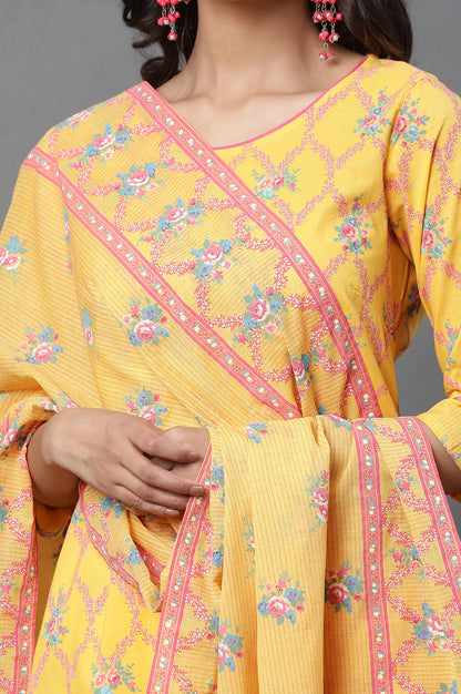 Yellow Floral Printed Cotton Dupatta