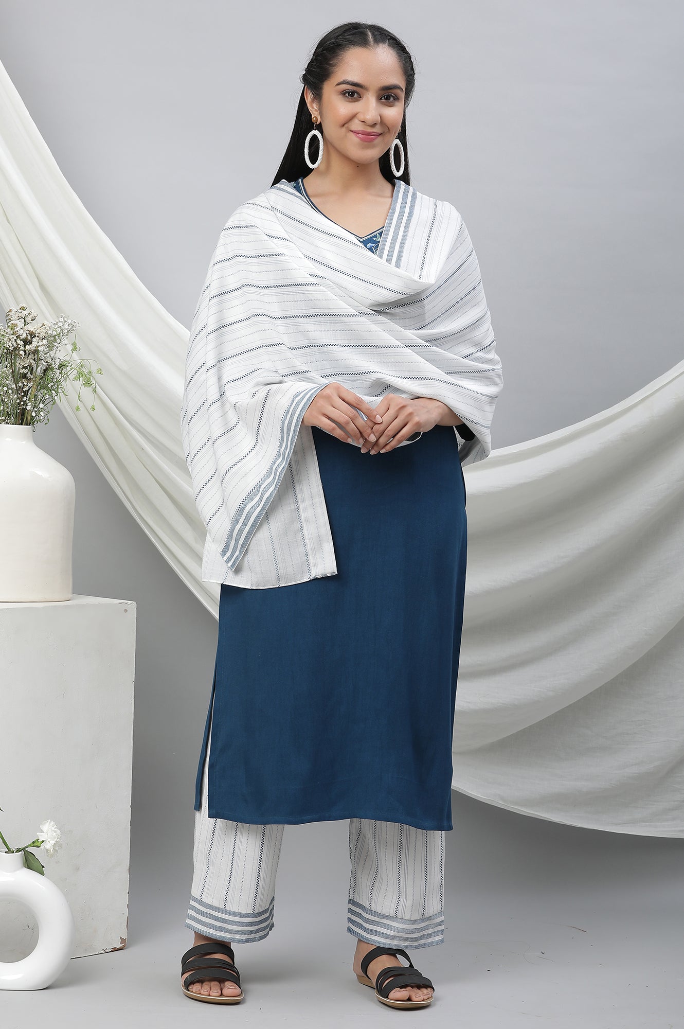 White Cotton Mulmul Stole with Blue Stripes