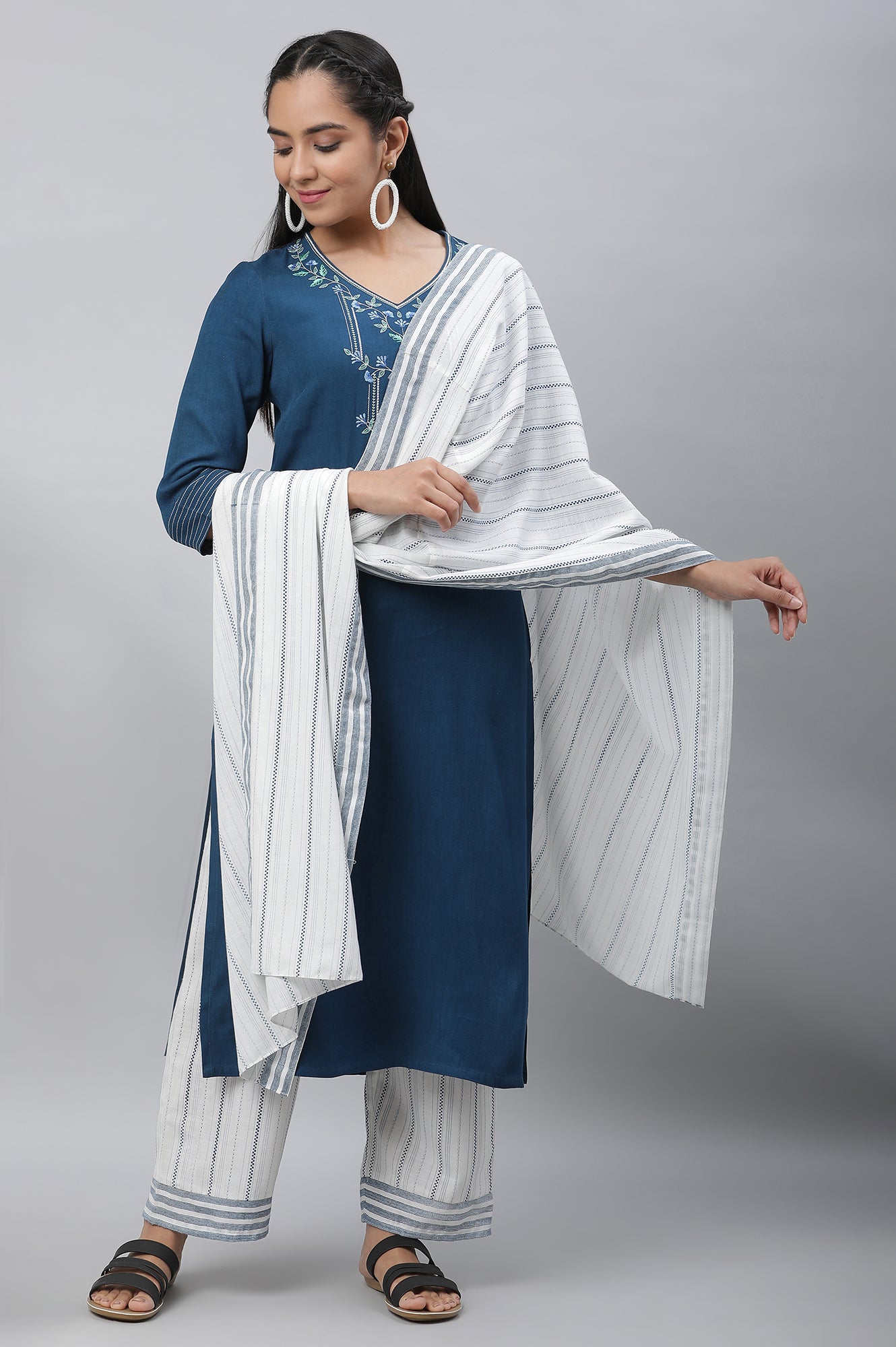 White Cotton Mulmul Stole with Blue Stripes