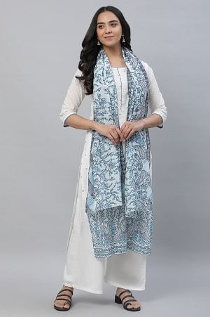 Blue Cotton Mulmul Printed Stole