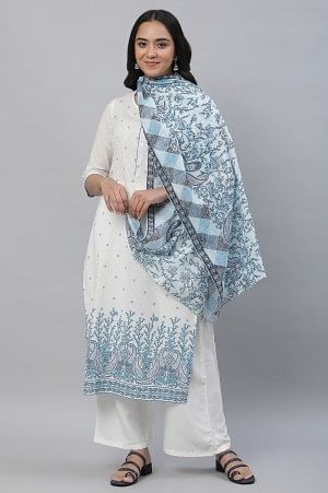 Blue Cotton Mulmul Printed Stole