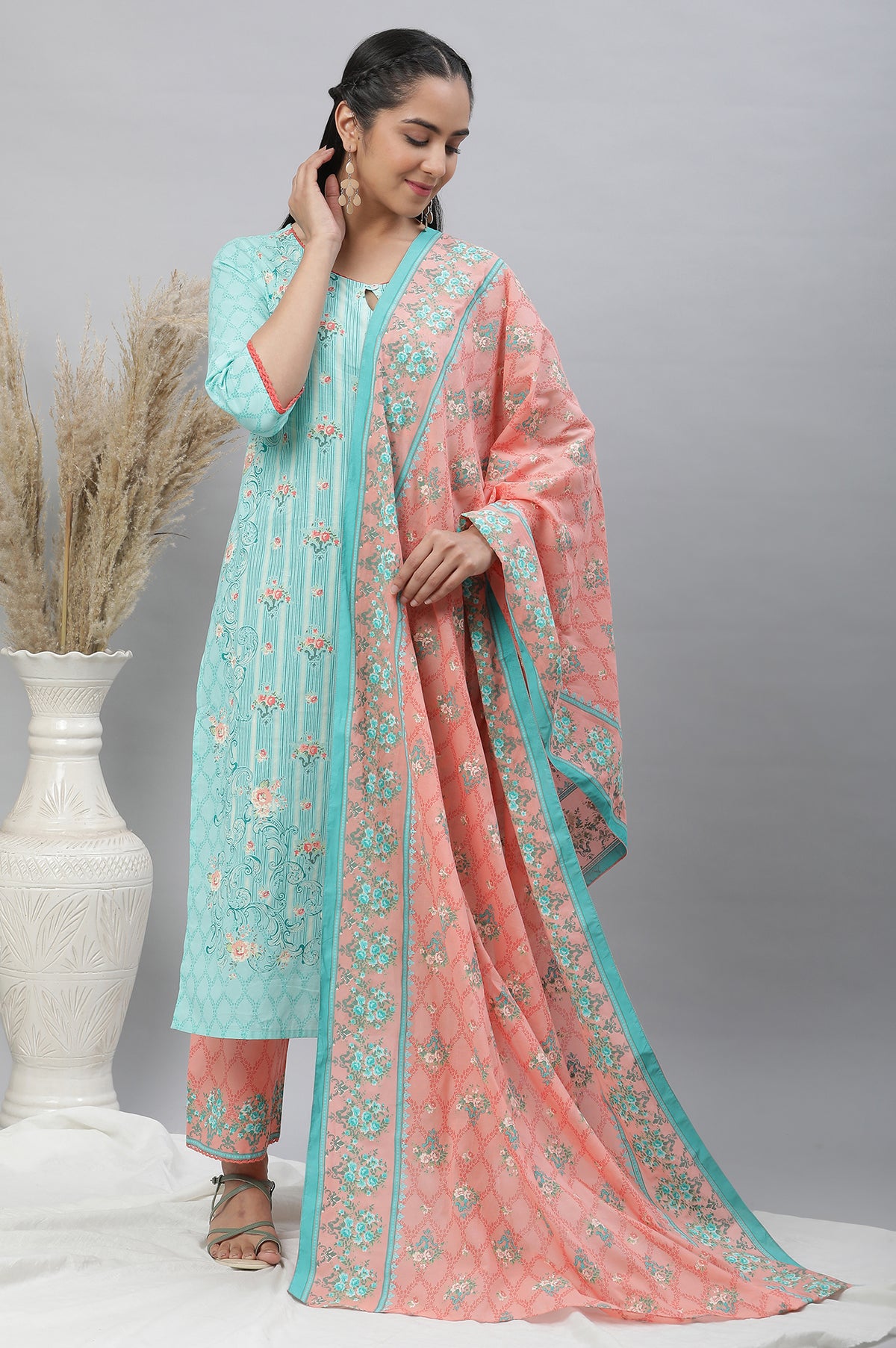 Peach Printed Cotton Mulmul Stole - FS