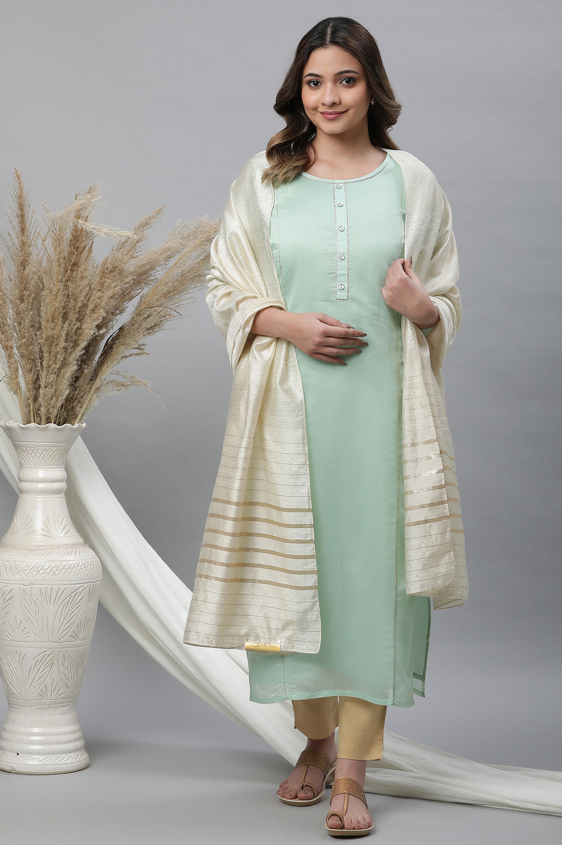 Off White Striped Sequined Rectangular Woven Dupatta