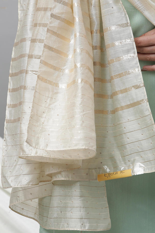 Off White Striped Sequined Rectangular Woven Dupatta