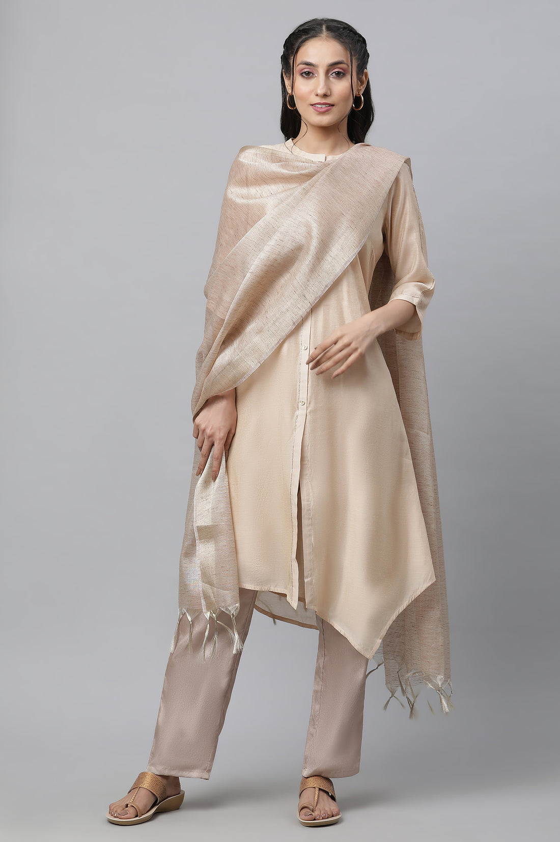 Beige Striped Banarasi Woven Dupatta