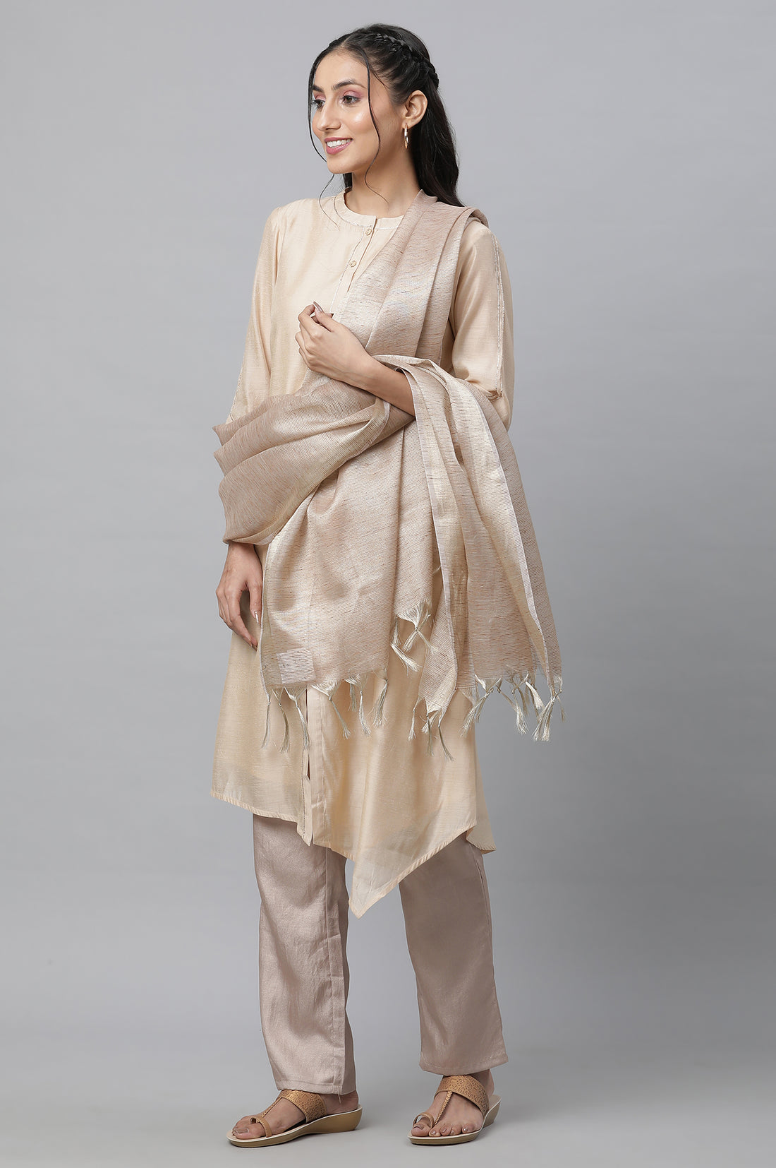 Beige Striped Banarasi Woven Dupatta