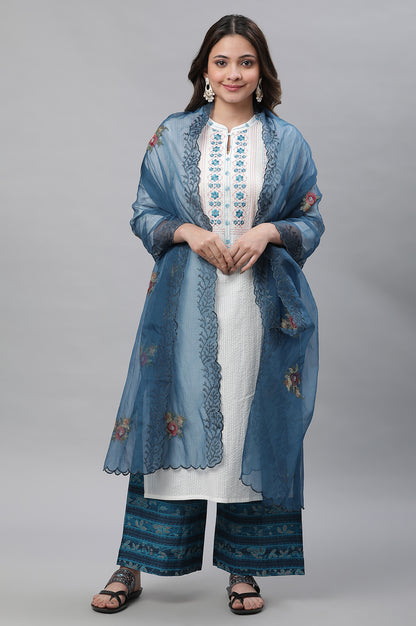 Blue Embroidered Nylon Organza Dupatta