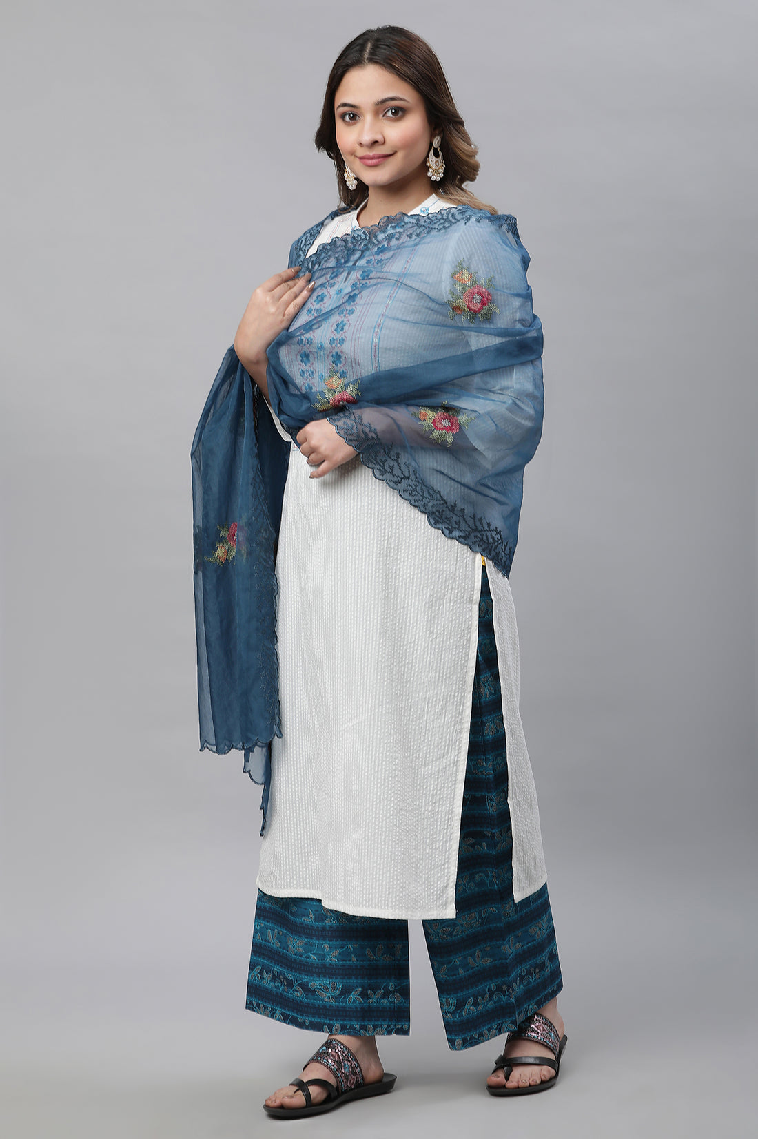 Blue Embroidered Organza Dupatta