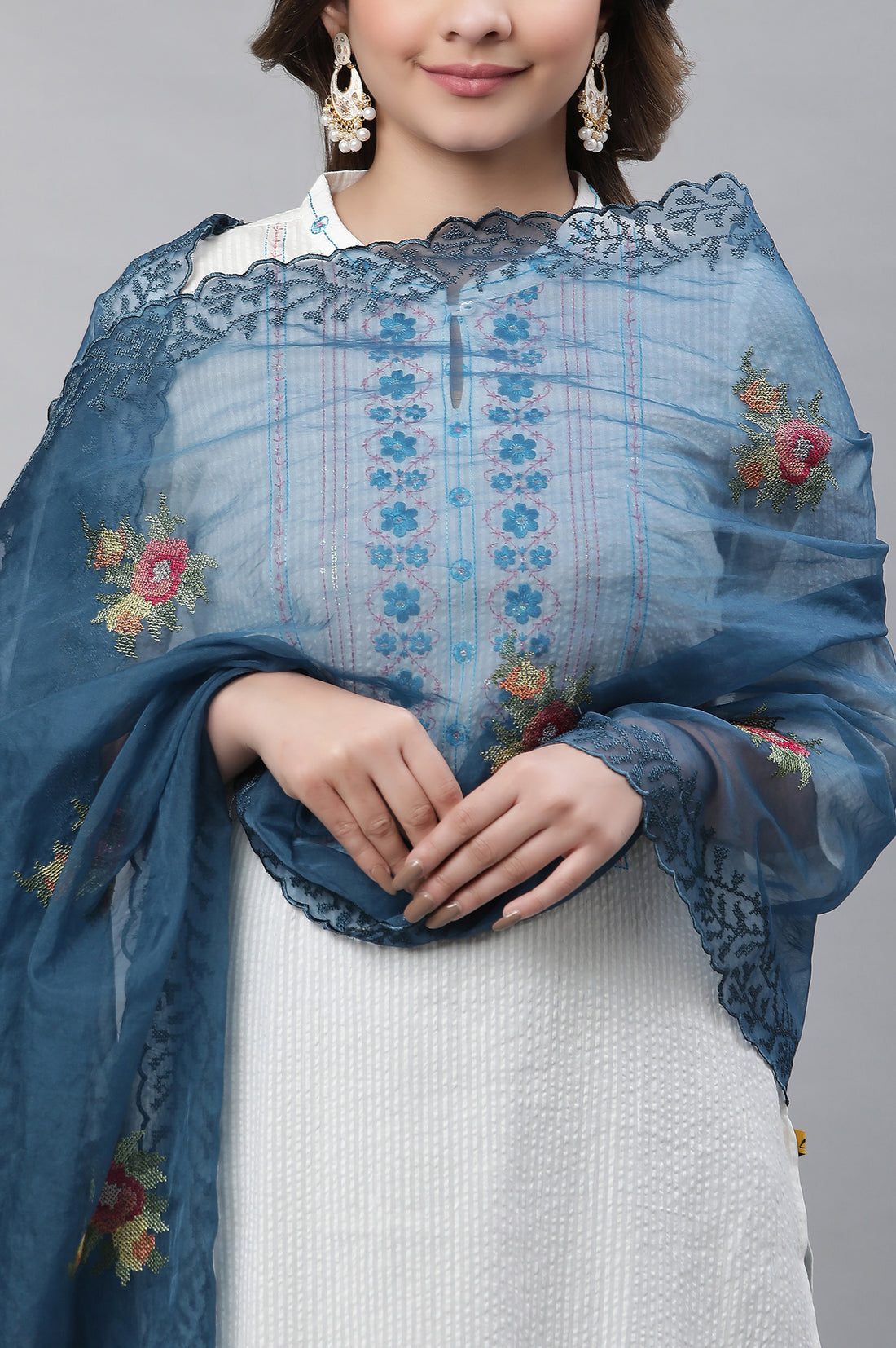 Blue Embroidered Organza Dupatta
