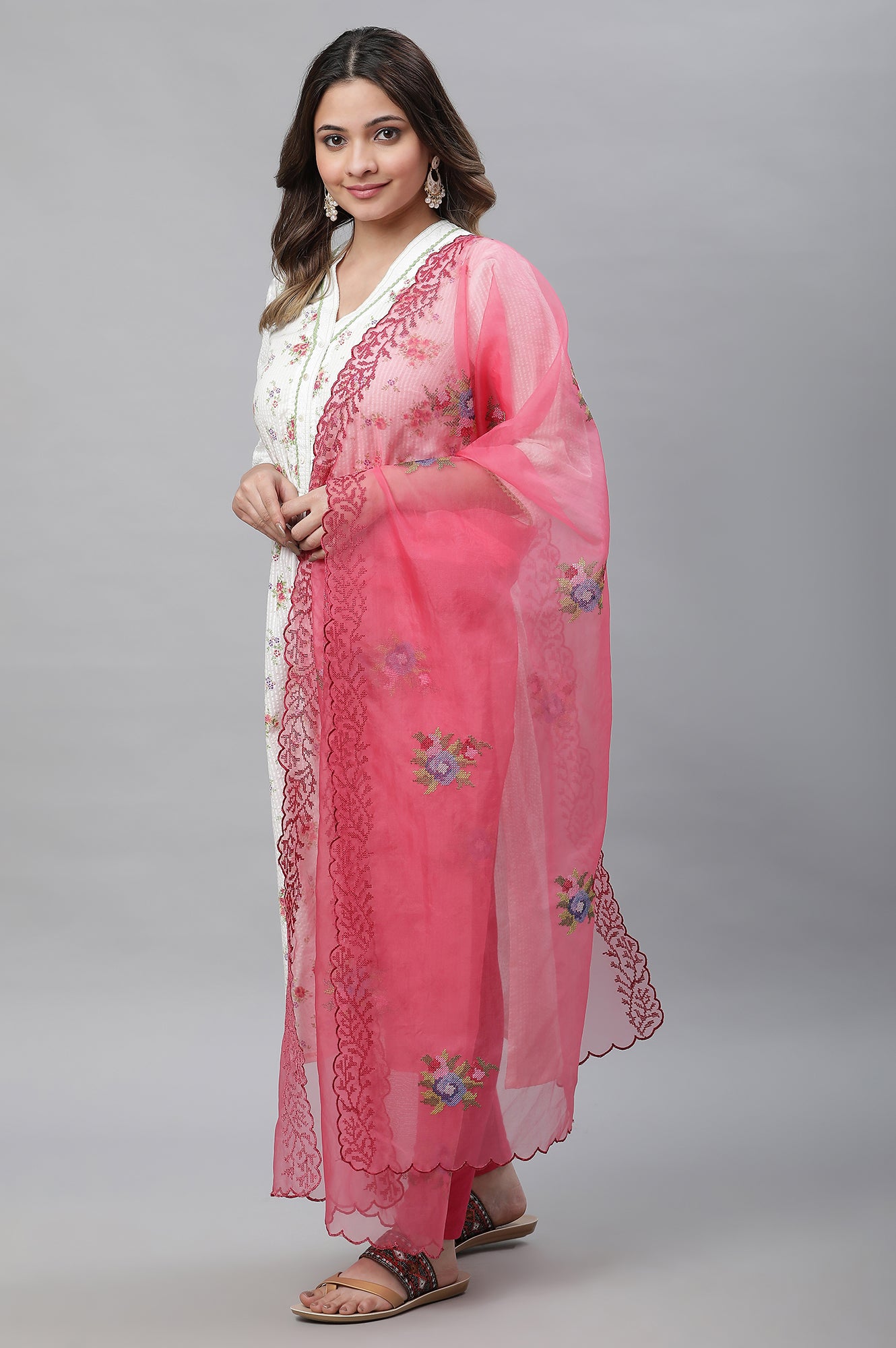 Pink Embroidered Nylon Organza Dupatta