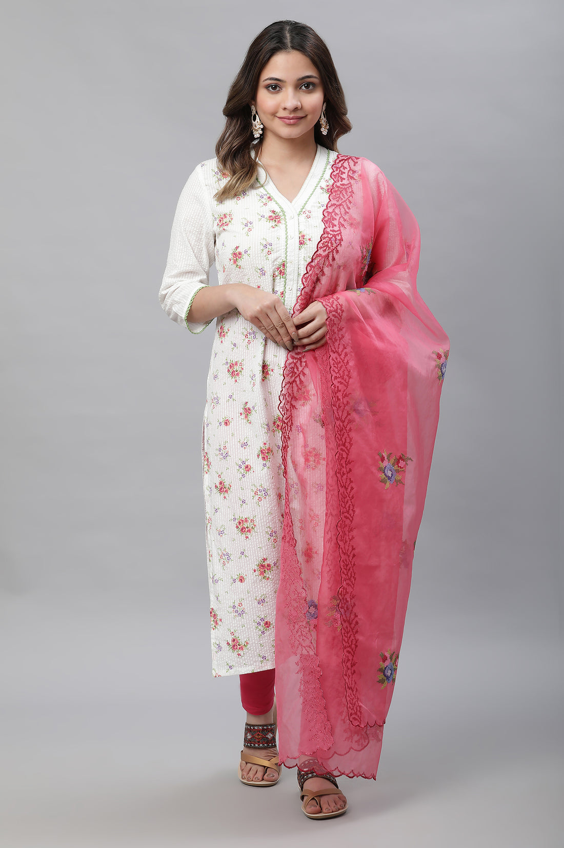Pink Embroidered Nylon Organza Dupatta