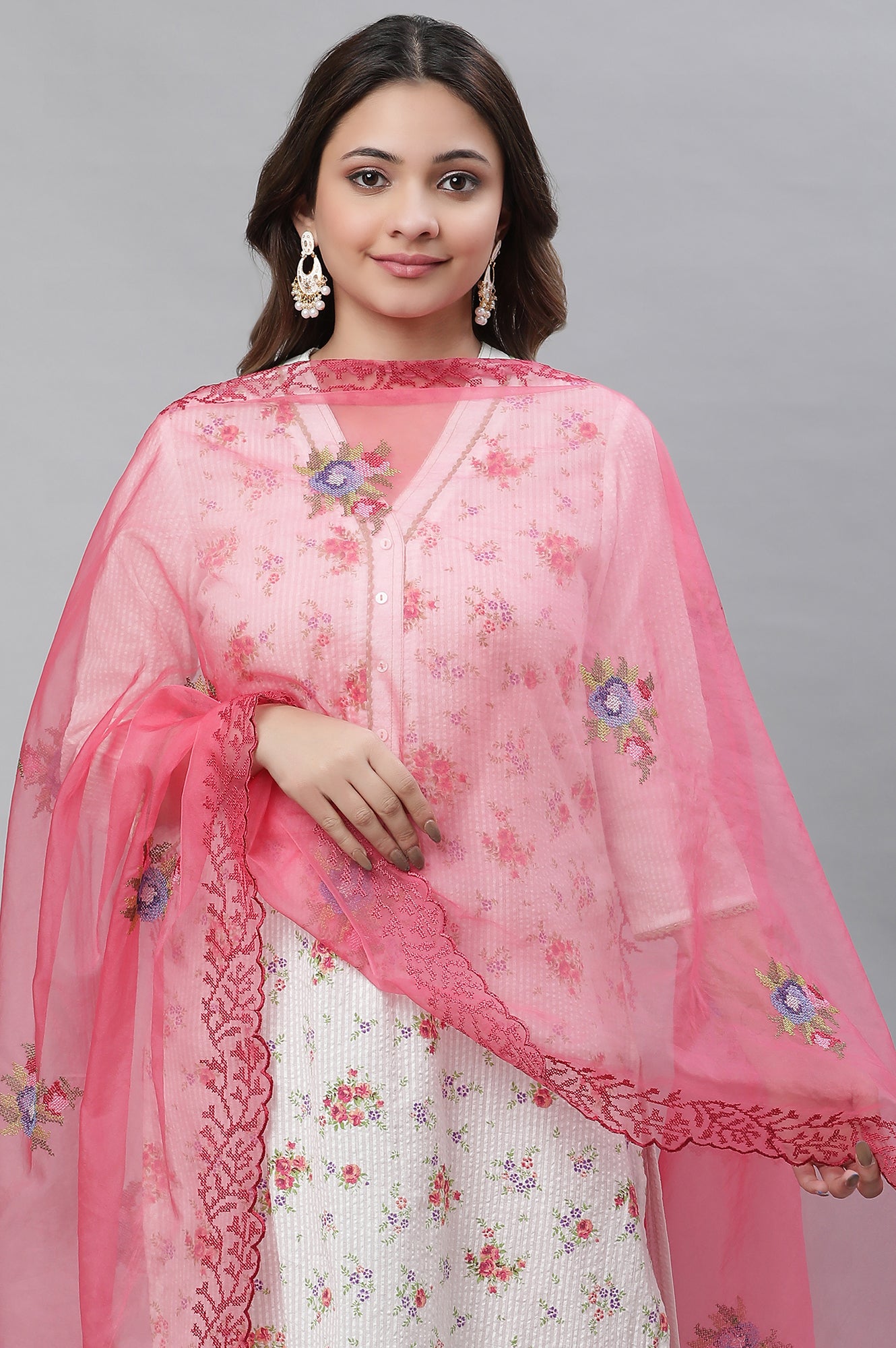 Pink Embroidered Nylon Organza Dupatta