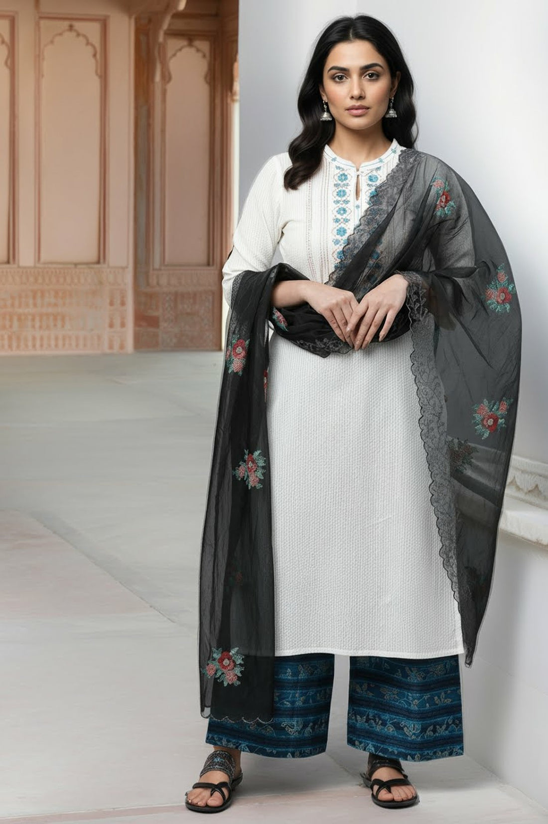 Black Embroidered Nylon Organza Dupatta