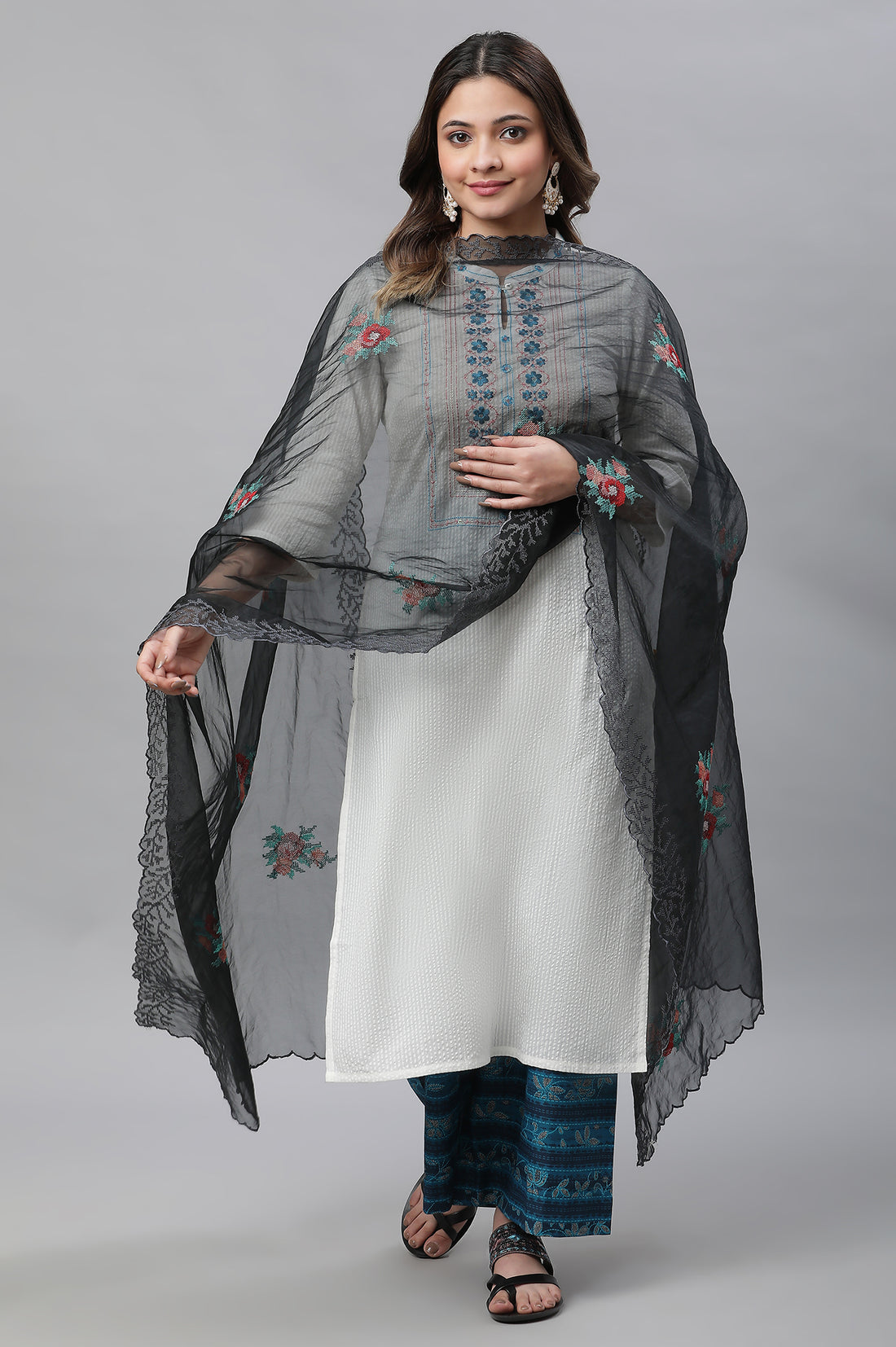 Black Embroidered Floral Organza Dupatta