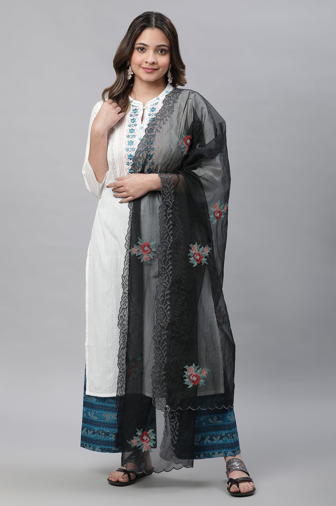 Black Embroidered Floral Organza Dupatta