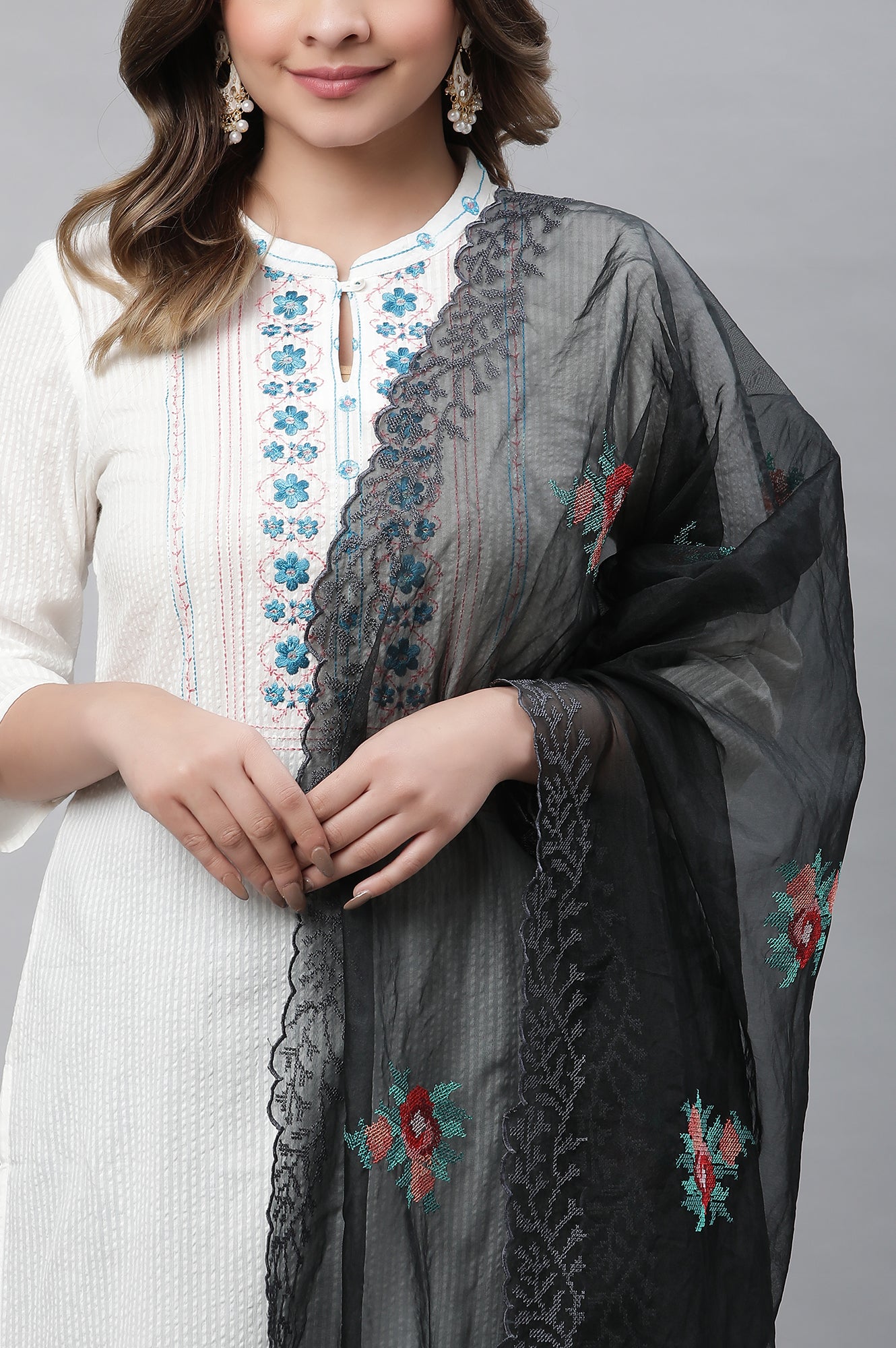 Black Embroidered Floral Organza Dupatta