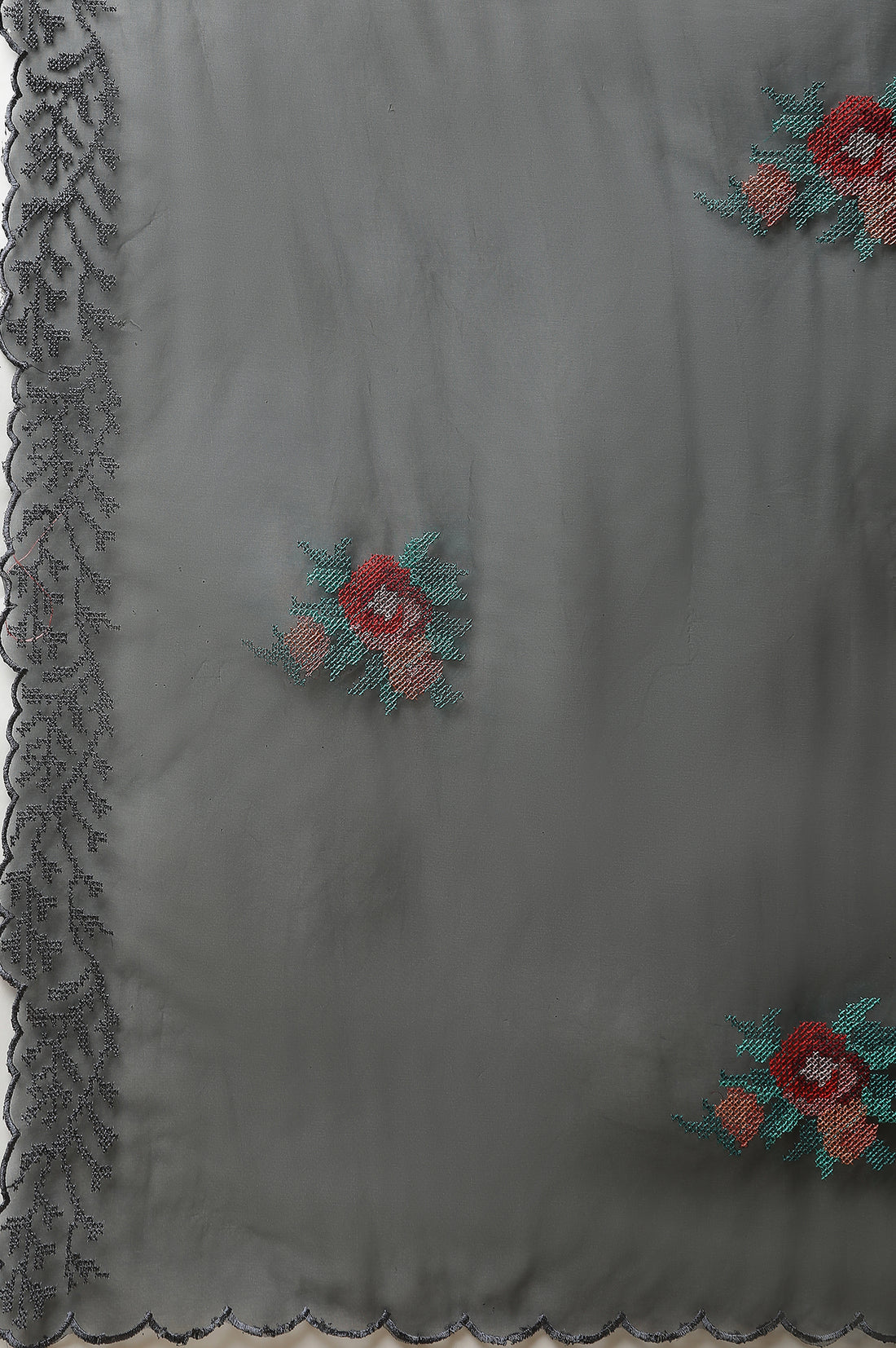 Black Embroidered Floral Organza Dupatta