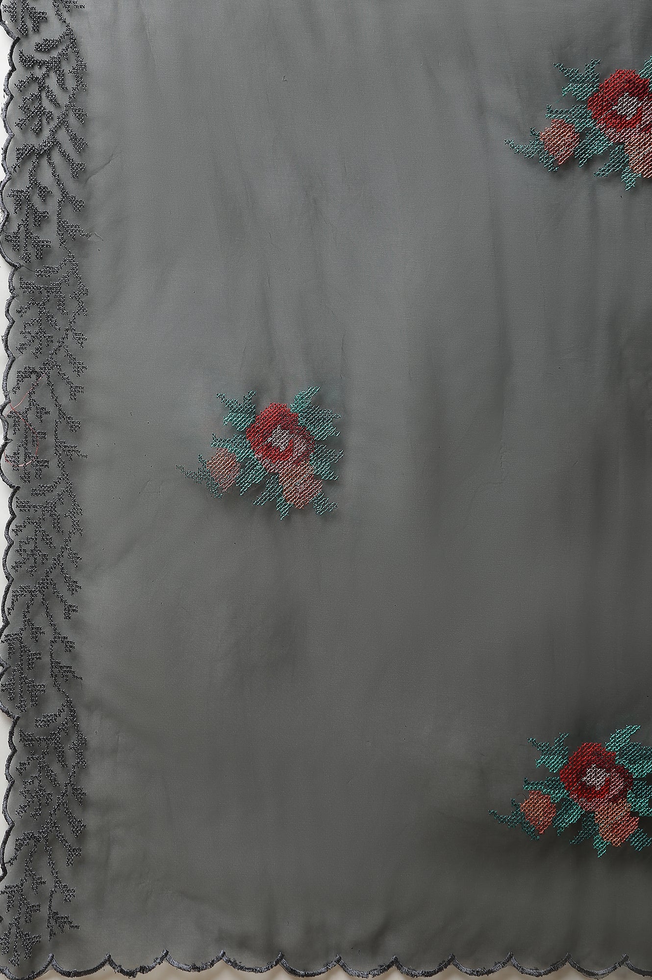 Black Embroidered Floral Organza Dupatta