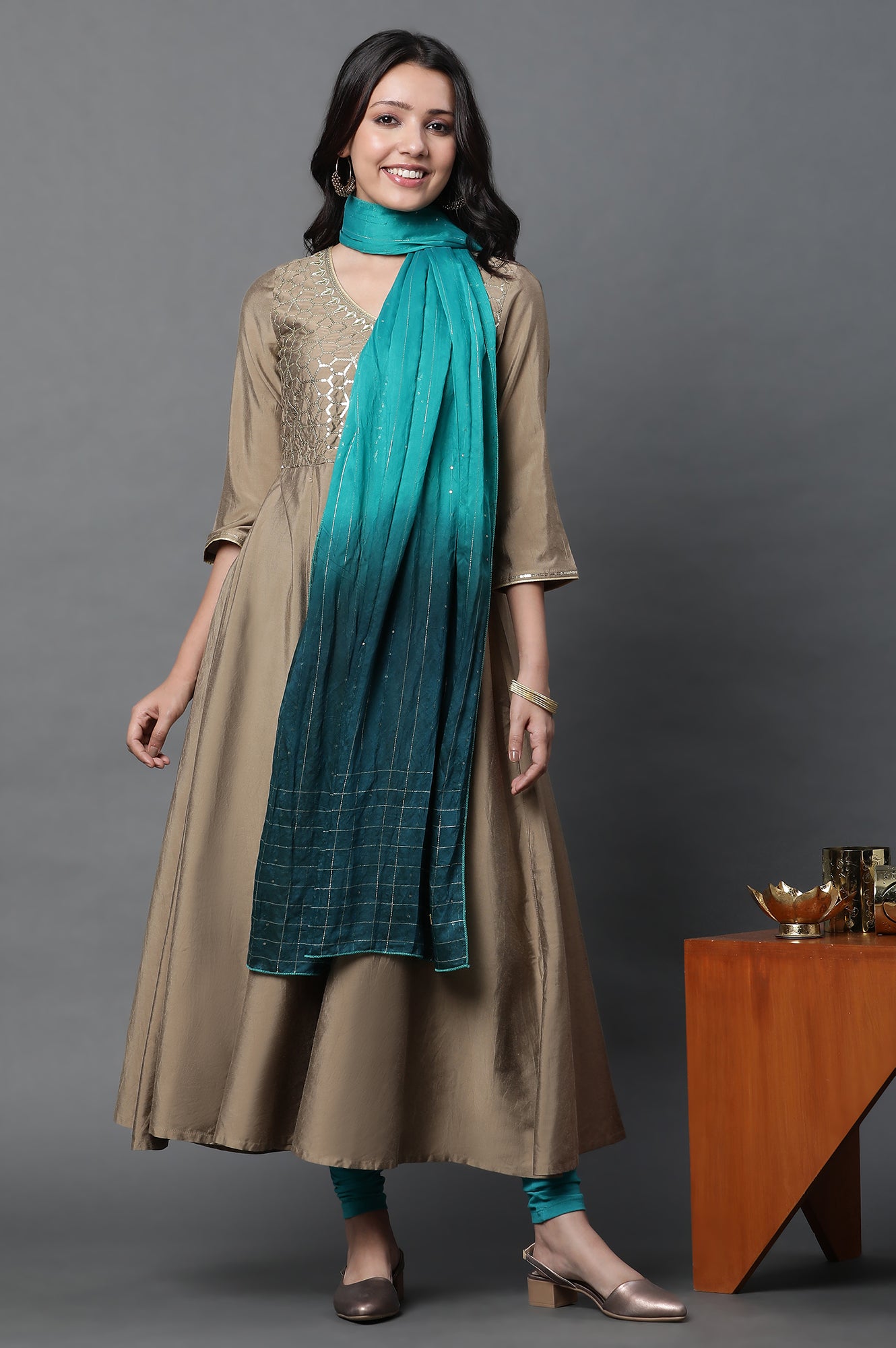 Green and Blue Ombre Embellished Dupatta