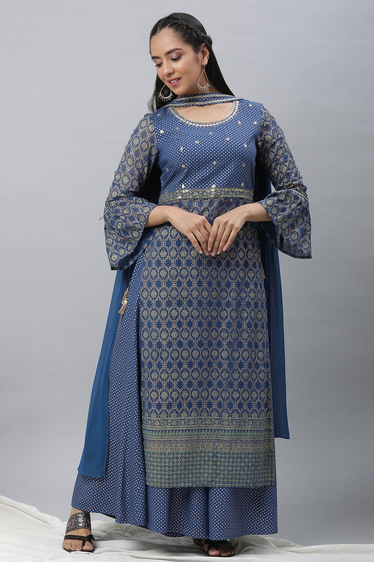 Bright Blue Embellished Kurta, Palazzo and Choker Dupatta - XS
