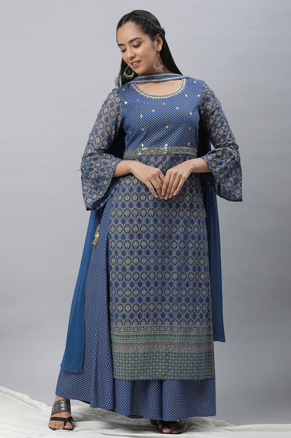 Bright Blue Embellished Kurta, Palazzo and Choker Dupatta