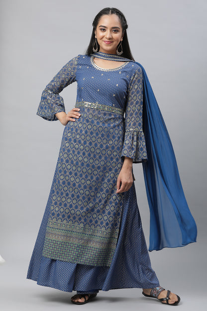 Bright Blue Embellished Kurta, Palazzo and Choker Dupatta