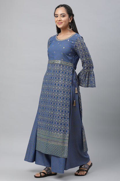 Bright Blue Embellished Kurta, Palazzo and Choker Dupatta