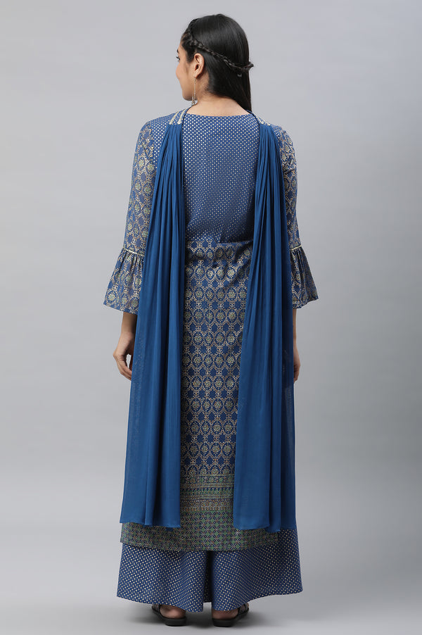 Bright Blue Embellished Kurta, Palazzo and Choker Dupatta