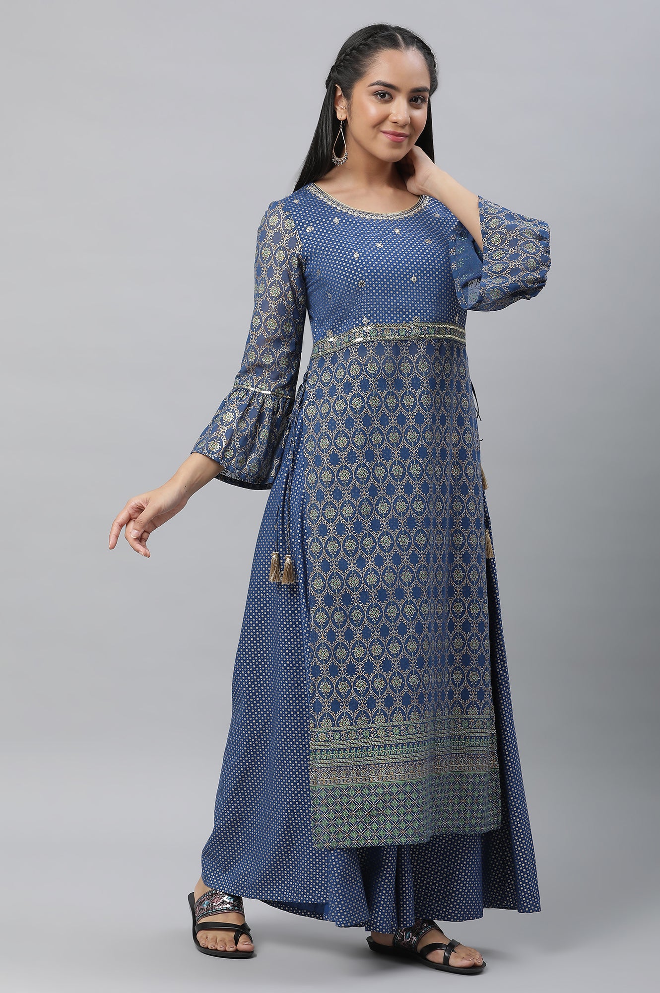 Bright Blue Embellished Kurta, Palazzo and Choker Dupatta