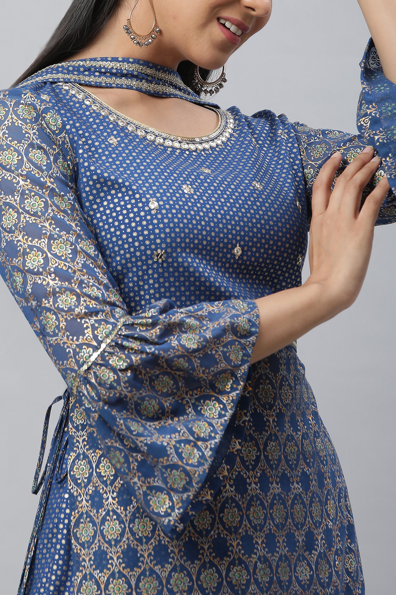 Bright Blue Embellished Kurta, Palazzo and Choker Dupatta