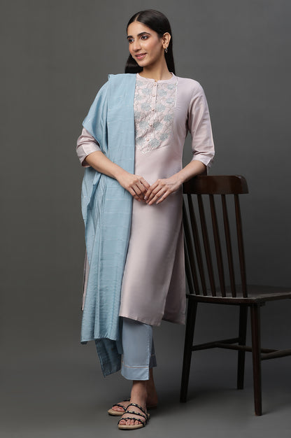 Mauve Pink Embroidered Kurta, Pants and Dupatta Set