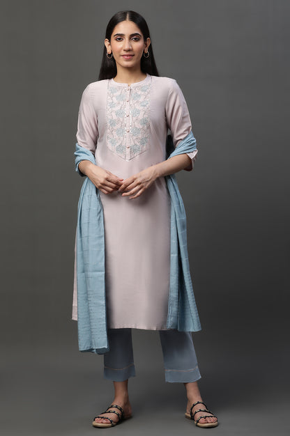 Mauve Pink Embroidered Kurta, Pants and Dupatta Set