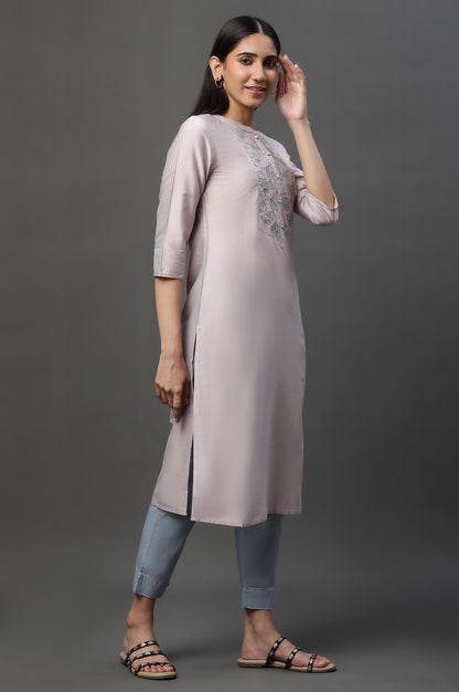 Mauve Pink Embroidered Kurta, Pants and Dupatta Set