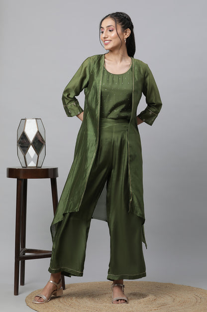 Green Shantung Top, Gilet and Pants Set