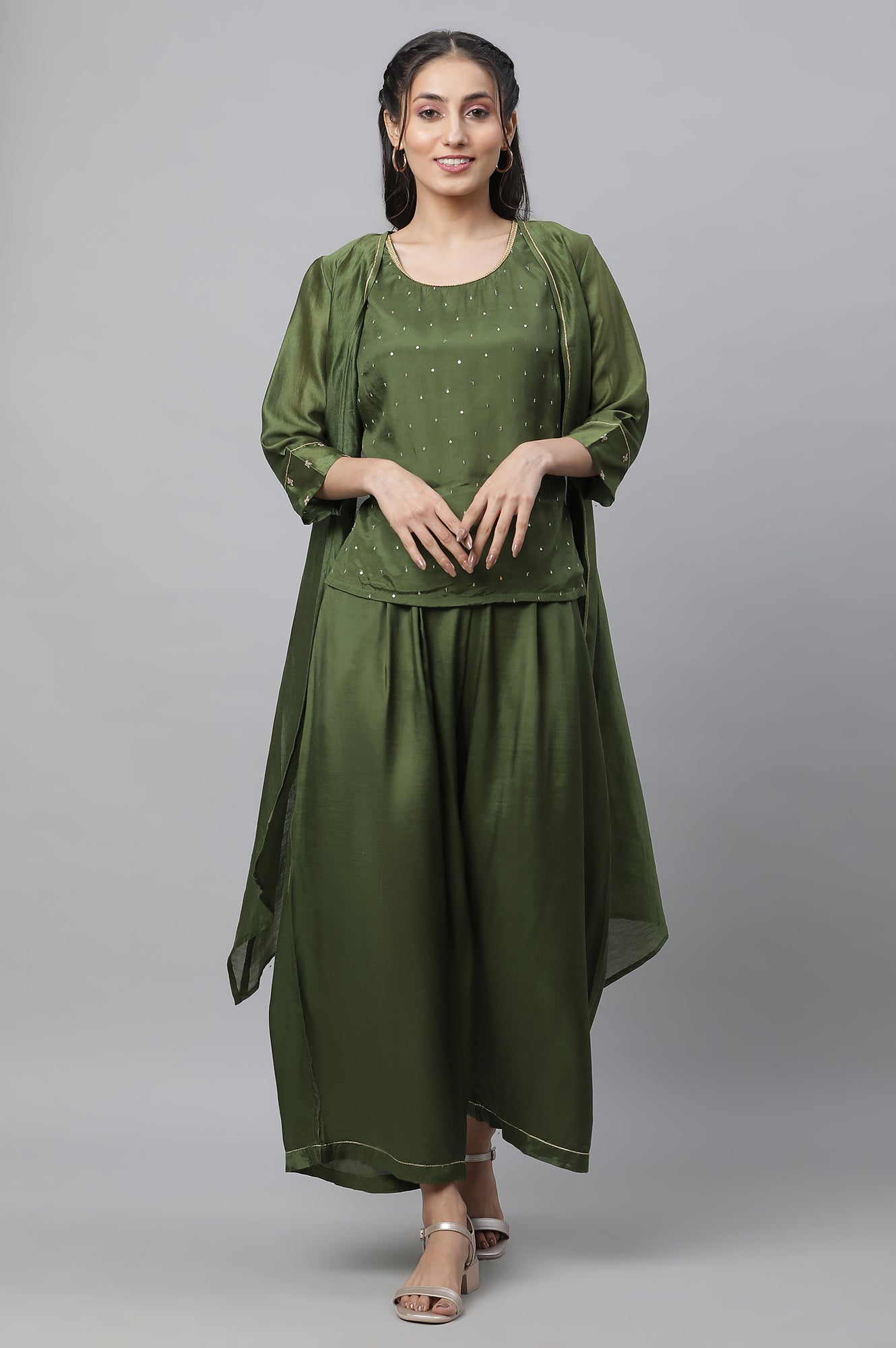 Green Shantung Top, Gilet and Pants Set