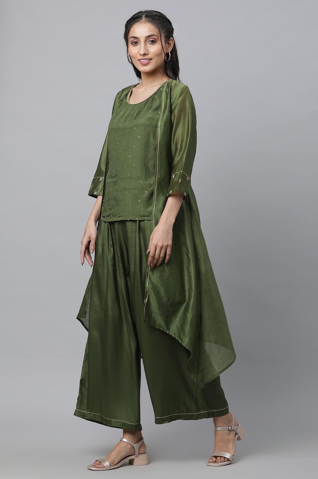 Green Shantung Top, Gilet and Pants Set