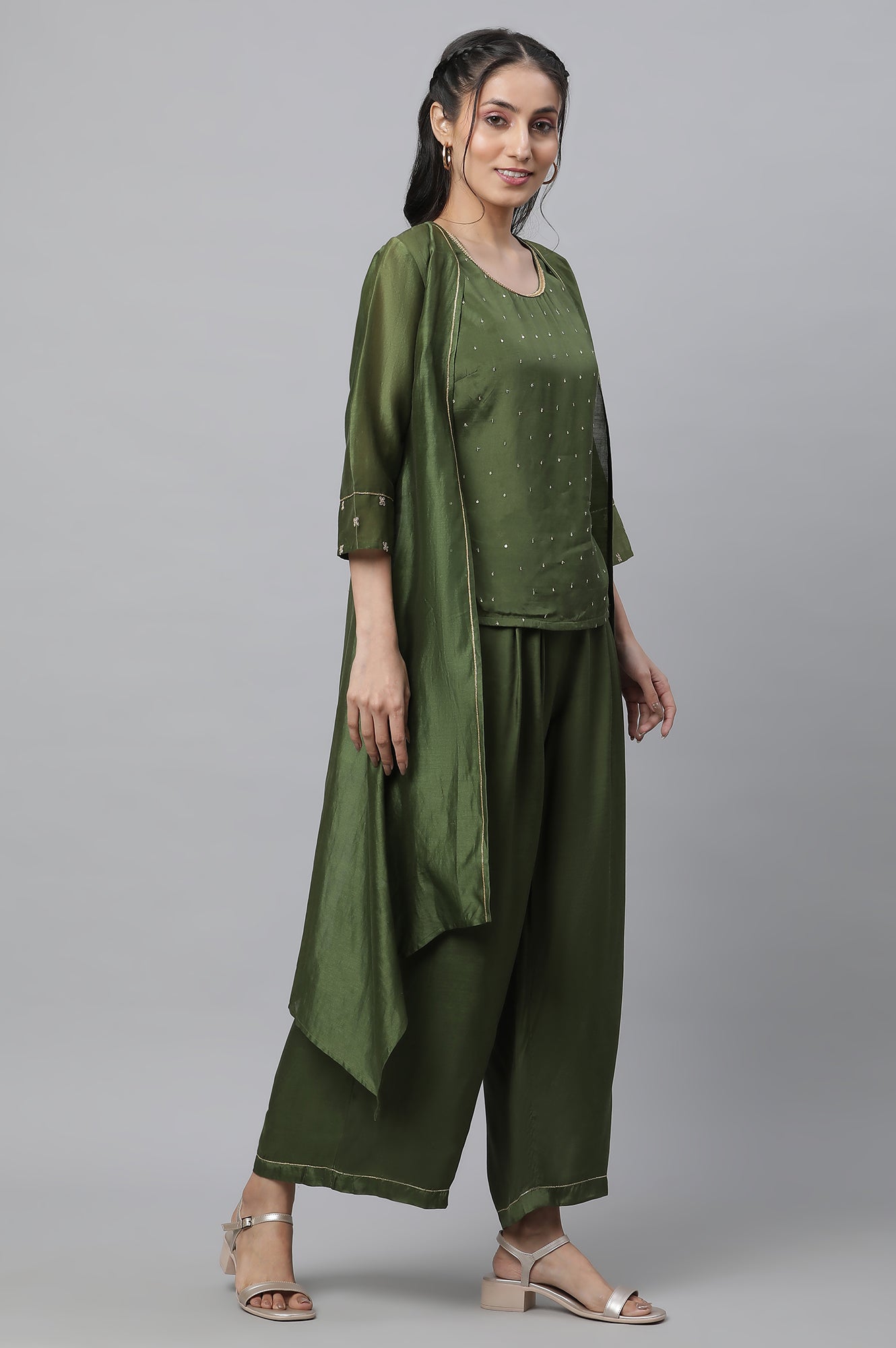 Green Shantung Top, Gilet and Pants Set