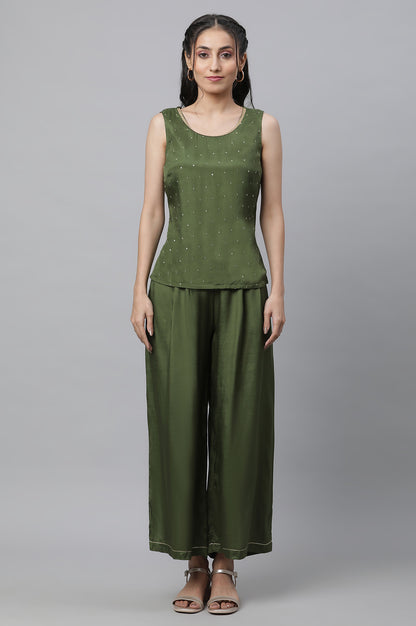 Green Shantung Top, Gilet and Pants Set