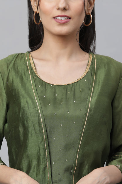 Green Shantung Top, Gilet and Pants Set