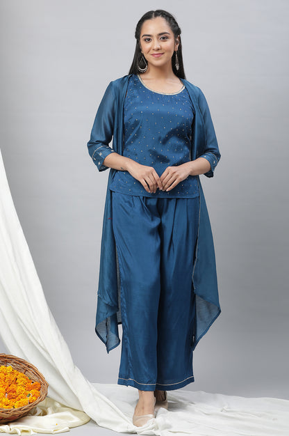 Blue Shantung Top, Gilet and Pants Set