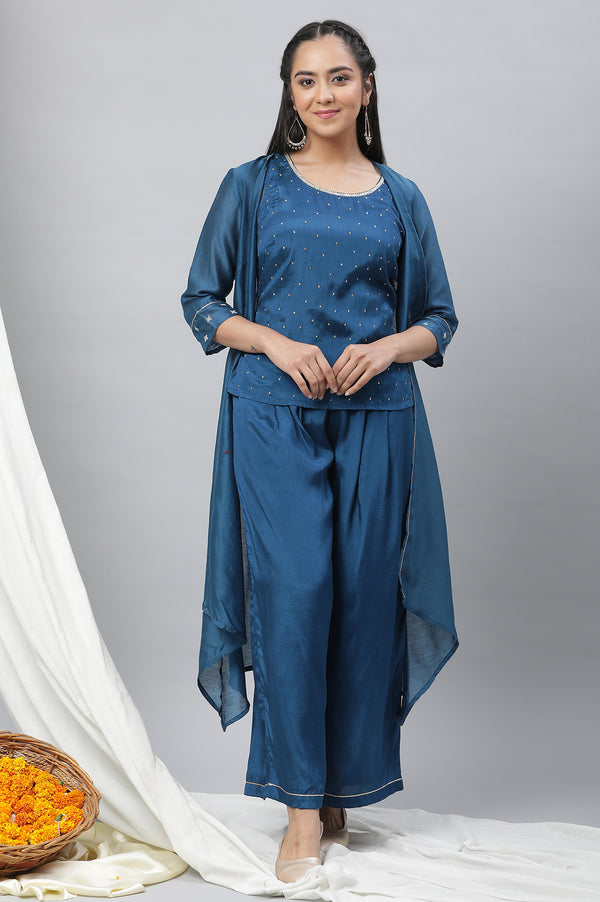 Blue Shantung Sequined Top, Sheer Gilet and Pants Set