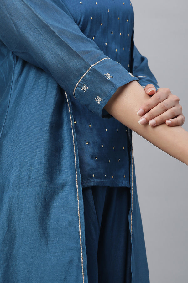 Blue Shantung Sequined Top, Sheer Gilet and Pants Set